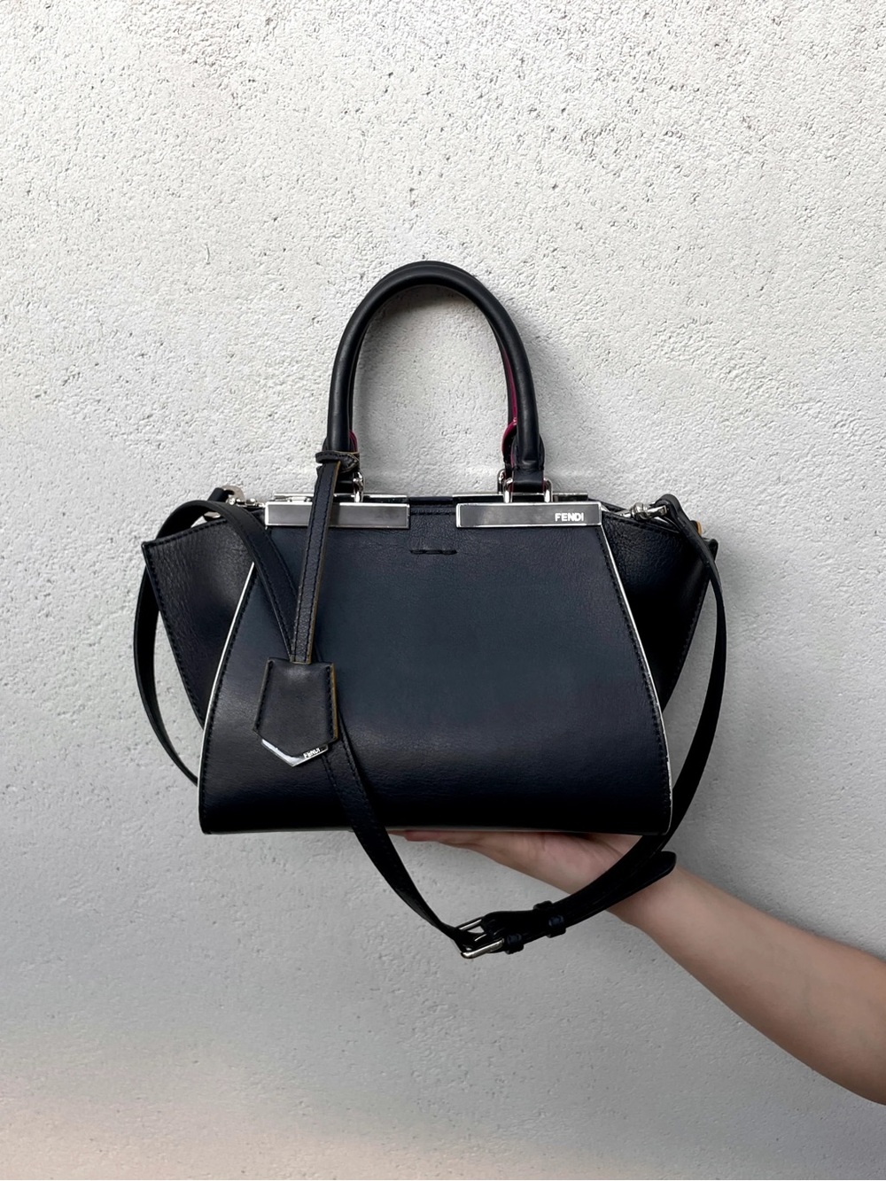 Fendi Black Leather Satchel with Silver Hardware and Detachable Strap